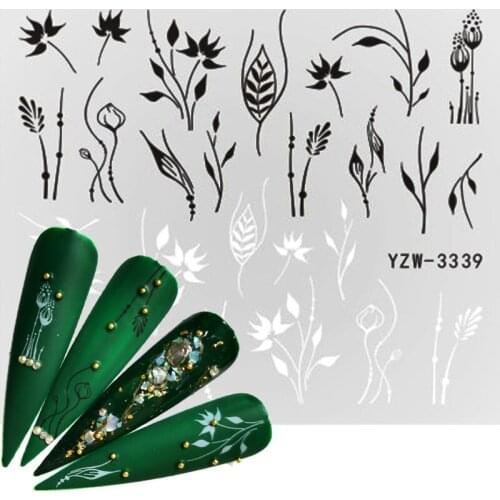 YZWLE 2021 1 PC Water Stickers For White Black Flower Leaf Linear Manicure Sliders Nail Art Decorations sticker Decal