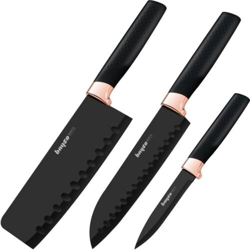 BAYCO Black Blade Kitchen Knives 3pcs Set Household Multifunctional Slicing Knife Meat Vegetable Fruit Paring Knife Cooking Tool