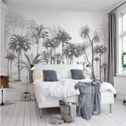 Large 3D Wallpaper Mural Custom Black and White Sketch Style Tropical Rainforest Coconut Tree TV sofa background wallpaper mural