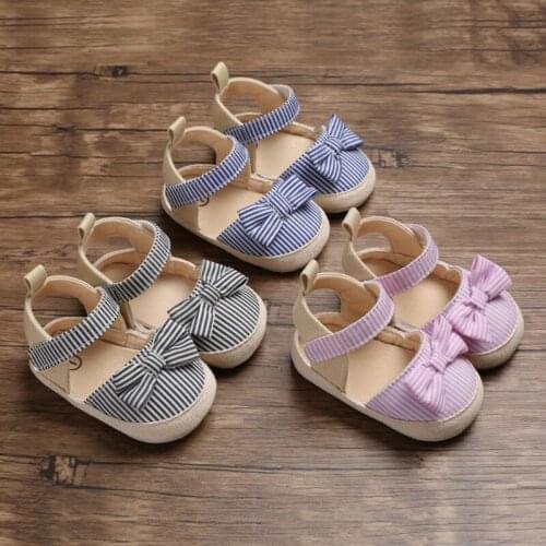 Baby Sandals For Girl Toddler Breathable Stripe Pattern Anti-Slip Shoes With Bowknot Casual Sneakers Toddler Soft Soled Sandals