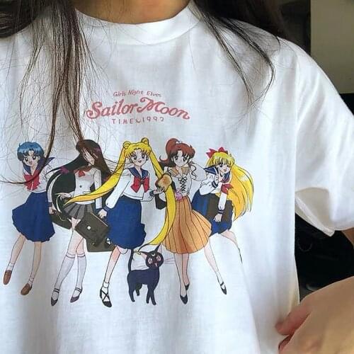 Calelinka Japan Harajuku Salior Moon Printed Cute Tshirt White Short Sleeve Cotton Aesthetic Tops Plus Size O Neck Chic Tees