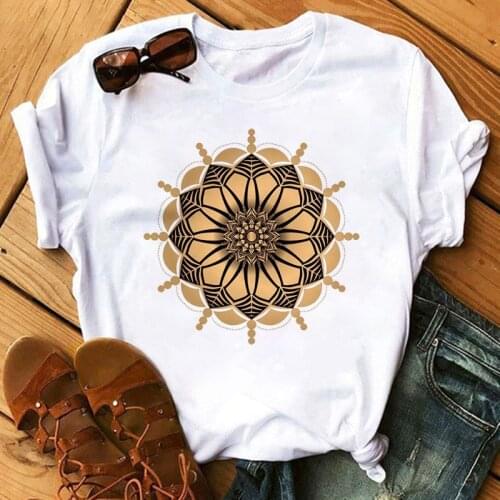 Womens T-shirt Casual Fashion Harajuku Graphic T-shirt Beautiful Mandala Print Short Sleeve Stretch Aesthetic T-shirt Top Women