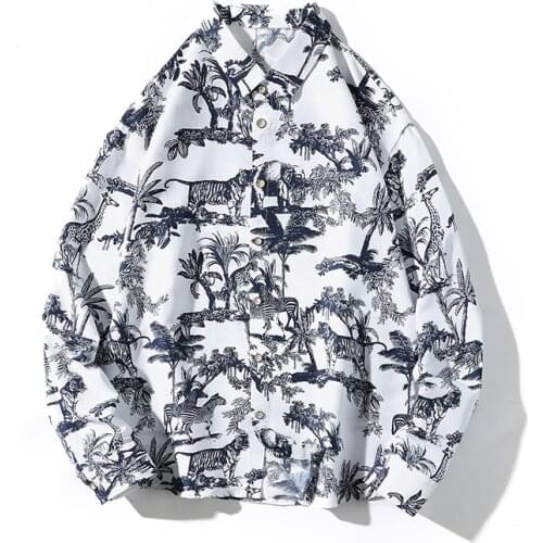 Animal Print Hawaiian Long Sleeve Shirt Men 2021 Fashion Harajuku Oversized Shirt Men Couple Streetwear Casual Button Up Shirt