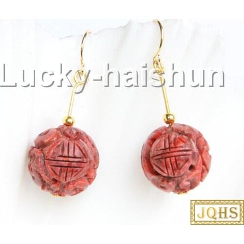 JQHS natural dangle 16mm round carved red sponge coral earrings hook j11012