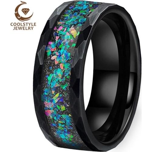 Black Hammer Ring Opal Ring Multi Facet Tungsten Wedding Ring For Men Women With Galaxy Series Opal Inlay 8MM Comfort Fit