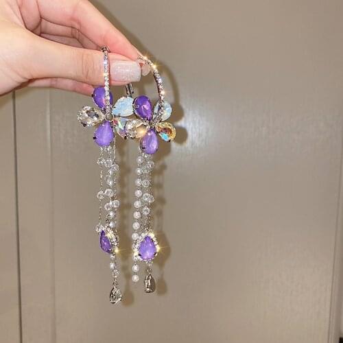 Korean Fashion Crystal Flower Shining Rhinestone Buckle Circle Earrings for Women Luxury Long Tassel Dangle Earrings