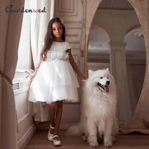 Cute White Flower Girl Dress Tulle Puffy Backless Knee Length Kid Child Wedding Party Dress Princess Gown