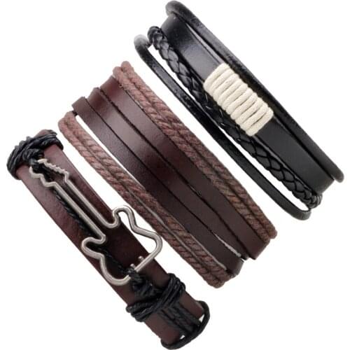 Guitar Vintage Genuine Leather Mens Bracelet Braid Rope Chain Multi-layer Punk Hip Hop Bangle for Boyfriend Gifts Wholesale