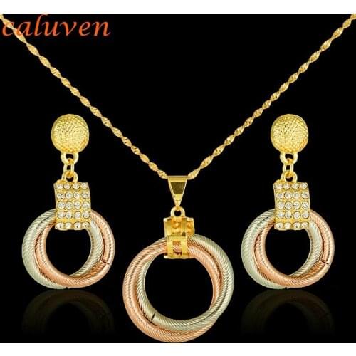 Mix Rose White Gold Color Jewelry Sets Ethiopian Nigerian Dubai Round with Stone Necklace Sets African Womens Gift CE050