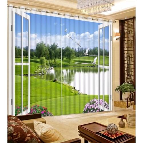 New Custom 3D Beautiful 3D Curtain Window Sky Blue Scenery Curtains Green Curtains Home Bedroom Decoration