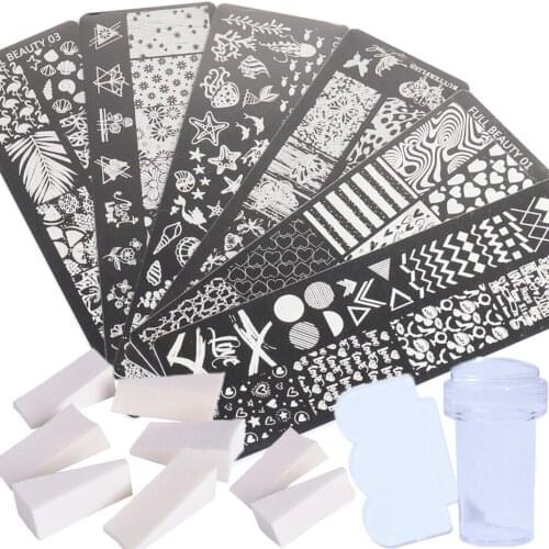 1 Set Nail Polish Templates Stamping Plates Leaf Flower Heart Butterfly Geometry Stencil Scraper Sponges Nail Tool SAFB01-06-1