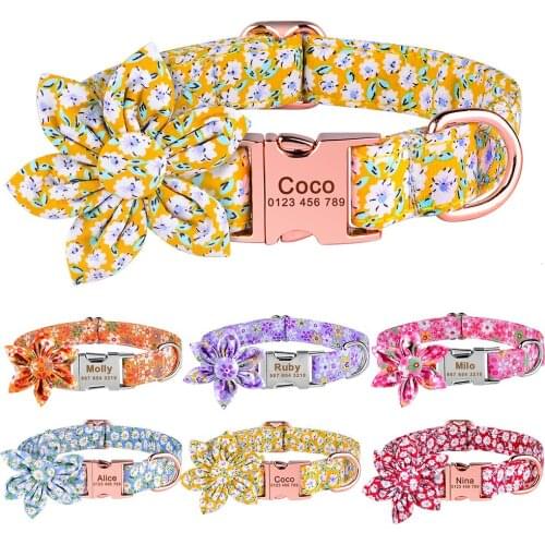 Adjustable Nylon Engraved Dog Collar Unisex Small Large Print Flower Custom Dog Collar Personalized Name Cat Collar ID Tag