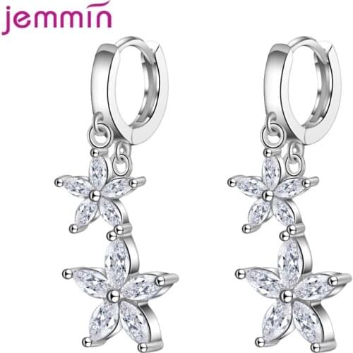 Classic CZ Crystal Round Loops Hoop Earrings For Women Brides AAA Zirconia Flowers 925 Sterling Silver Ear Jewelry Accessories