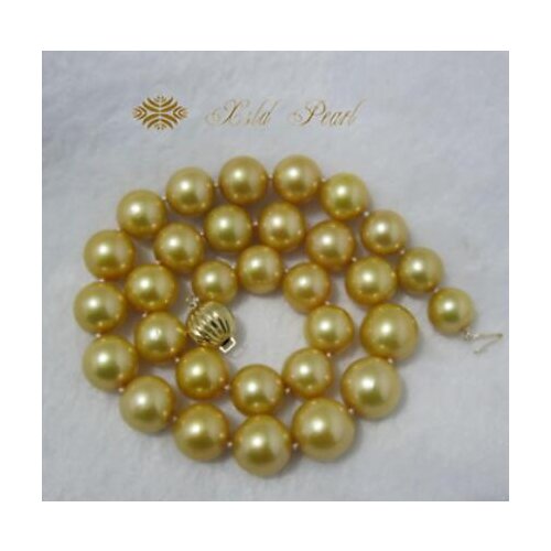Gorgeous 9-10mm south sea round gold pearl necklace 18inch 14k gold