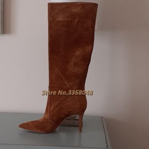 Pointed Toe Suede Boots Slip On Knee High Dress Women Shoes Brown Color Stiletto High Heeled Custom Made Manufactrer Boots