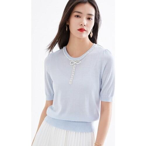 Spring and summer new arrival womens butterfly pearl decoration pleated short sleeves knitted t-shirt elegant t-shirt 20006