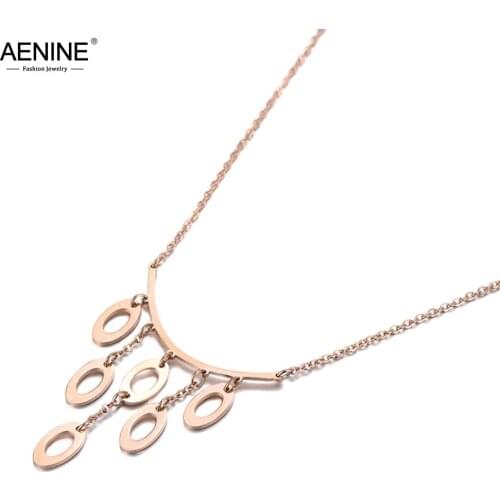 AENINE Vintage Titanium Stainless Steel 6Pcs Oval Geometry Pendant Necklace Jewelry Trendy Charm Necklace For Women Girl AN19115