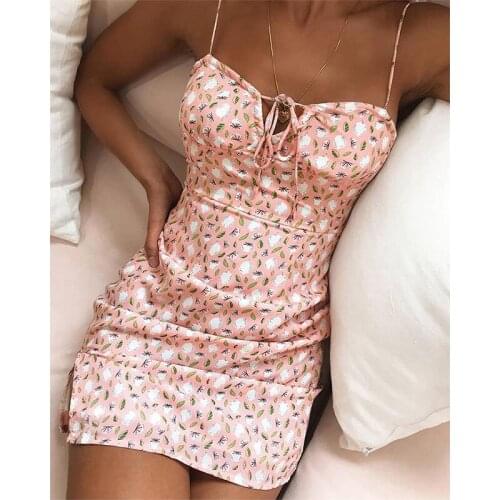 Womens Summer New Fashion Floral Print Spaghetti Strap Lace Up Sleeveless Dress Above Knee Mini Dress