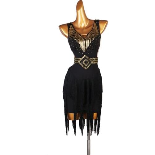 Ballroom Sequins tassel fringe tango rumba cha cha samba latin dance dress women adult practice wear competition dresses costume