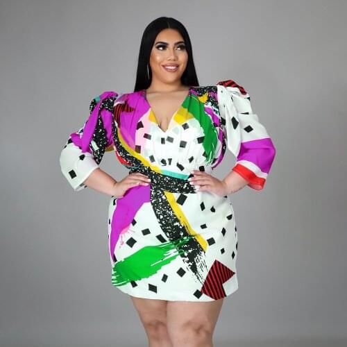 XL-5XL Geometric Pattern Women Plus Size Dress Elegant Deep V Neck Three Quarter Sleeve Dress Office Lady High Waist Robe Femme