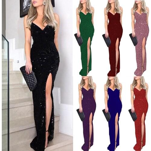 Ladies' new hot stamping dress sexy split high waist skirt suspender V-neck Black Bling evening party