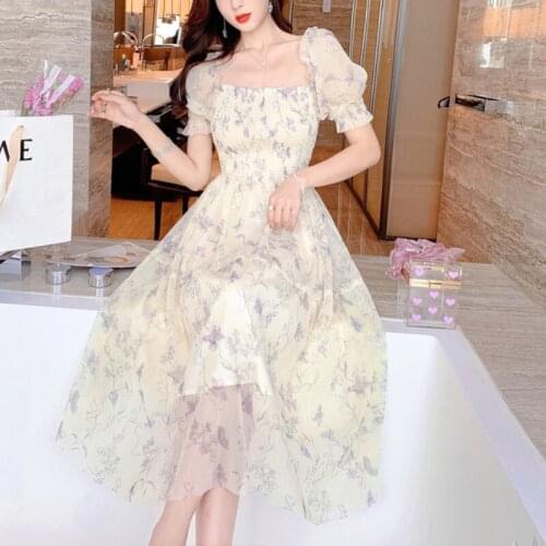 Bella Summer Chiffon Elegant Kawali Dress Women Floral Print Sweet Princess Casual Midi Dress Puff Sleeve Party Holiday Dress