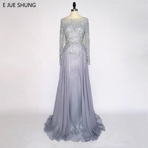 E JUE SHUNG Grey Chiffon Crystals Backless Luxury Evening Dresses Long 2018 Long Sleeves Formal Dresses robe de soiree