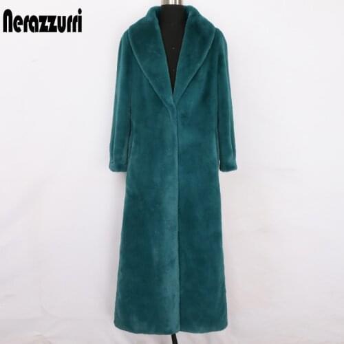 Nerazzurri Winter maxi faux fur coat women long sleeve shawl collar X-long fluffy furry overcoat Plus size fashion 2020 6xl 7xl