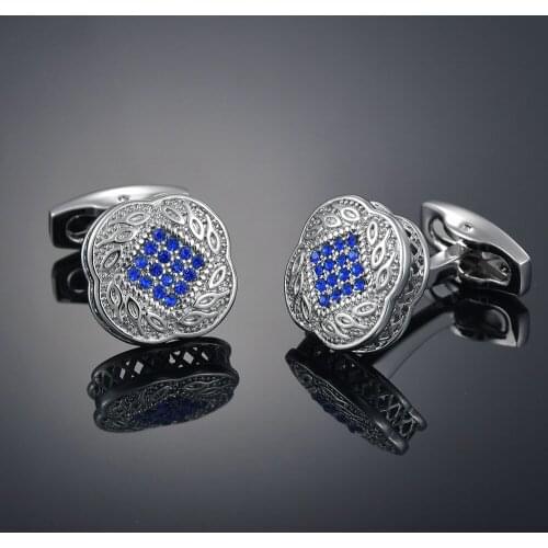 1 Pair High Quality Creative Novelty Vintage Flower Shape Blue Crystal Cufflinks Business Gifts Cuff Button Luxury Cuff Links