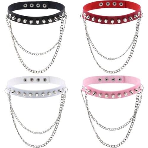1PCS Punk Choker Necklace With Chain Leather Goth Choker Collar Women 90s Metal Chain Collar Gothic Necklace Harajuku Jewelry