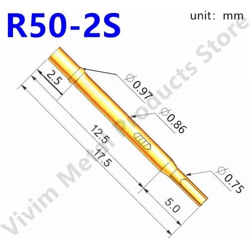 100/Pack R50-2S NEW Hardware Accessories Metal Spring Probe Length 17.5mm Dia 0.86mm Gold Tool Electronic Test Probe tubes
