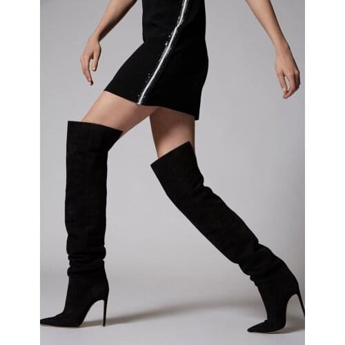 Black Suede Stiletto Heel Boots Over The Knee Sexy Pointy Toe Hiden Zip Slouchy Winter Boots Manufacturer Runway Dress Boots