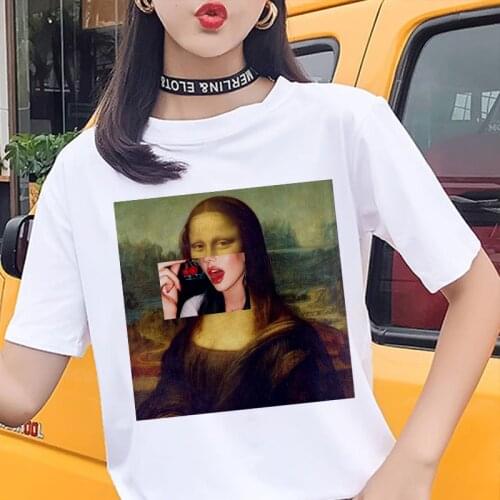 Harajuku Funny Mona Lisa printed T-shirt summer womens fashion streetwear T shirt casual short-sleeved white Tshirt Female Tops
