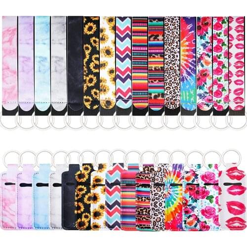 30pcs Colorful Neoprene Chapstick Holders Lipstick Cases Cover Portable Balm Holders Marble Style Keychain Party Gifts