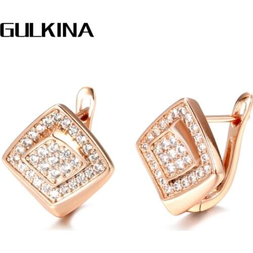 Gulkina Valentines Gifts 585 Rose Gold Square Earrings For Women Natural Cubic Zircon Stud Earrings Wedding Fine Jewelry