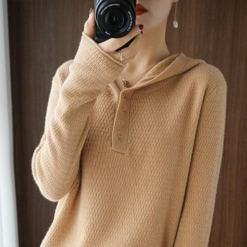 Hooded cashmere sweater ladies full sleeve knit 100% pure wool sweater loose pullover autumn and winter high-end jacket sweater