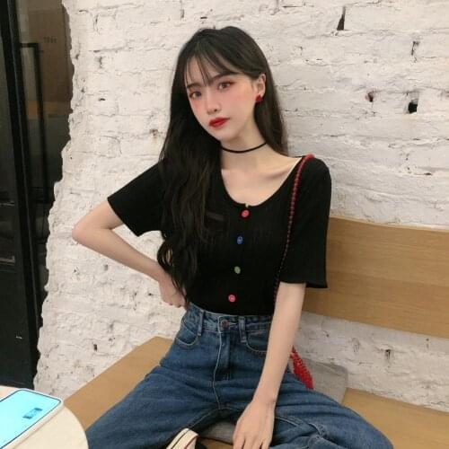 Fashion Women Short Sleeve U Neck Button Down Ribbed Thin Blouse Knit Cardigan