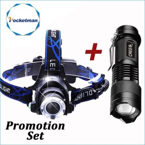 3800LM Head lamp LED Headlight T6 18650 Head lights headlamps + Q5 Mini LED flashlight 2000lm Zoomable Torch Tactical
