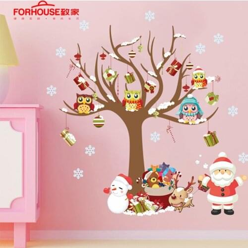Cartoon Christmas Wall Stickers Showcase Removable Santa Clause Snowman Home Decor