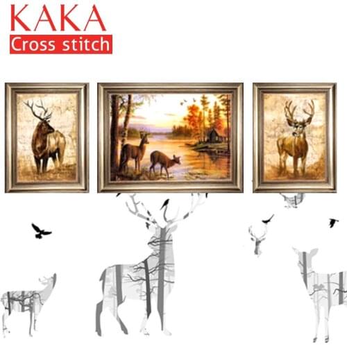 KAKA Cross stitch kits,5D Triplets Animals Elks,Embroidery needlework sets with printed pattern,11CT canvas,Home Decor Painting