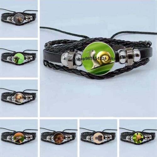 New Mollusk Snail Keychain Glass Cabochon Bracelet Fashion Multilayer Woven Leather Bracelet Jewelry