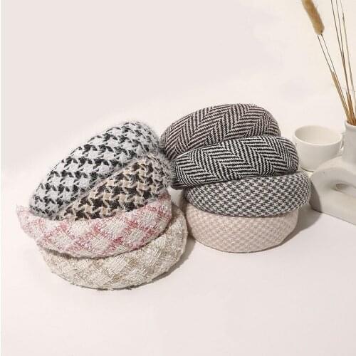 Plaid Woolen Sponge Padded Hairband Geometry Headband for Women Girls Soft Hair Hoop Hair Accessories Girls Non-slip Hairbands