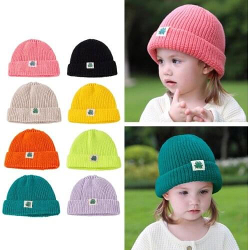 Autumn Winter Solid Color Baby Knitted Hat Warm Soft Casual Hemming Hat Kids Girls Boys Frog Cloth Label Beanies