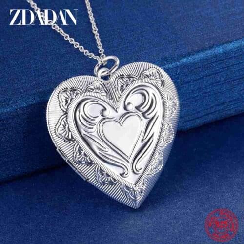 ZDADAN 925 Sterling Silver Heart Shaped Photo Frame Pendant Necklace For Women Fashion Wedding Party Jewelry Best Gift