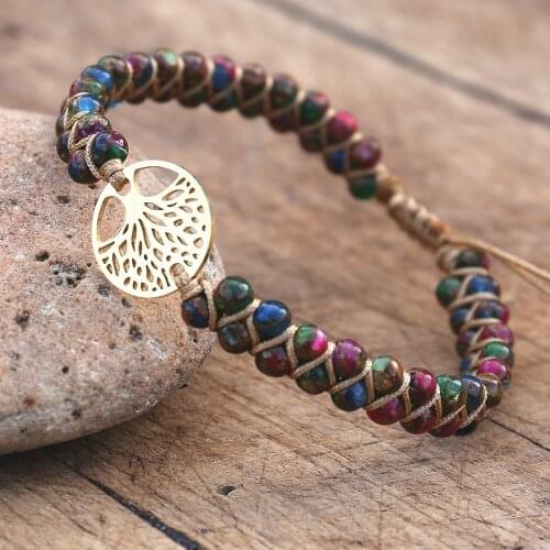 4mm Cloisonne Beaded Stainless Steel Tree of Life Braided Charm Bracelet Women Men Handmade Boho Yoga Wrap Friendship Bracelet