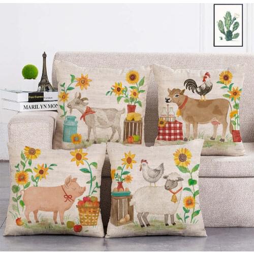 Hand painted farm sunflower animal image print Cushion Cover Linen Throw Pillow Car Home Decoration Decorative Pillowcase T394