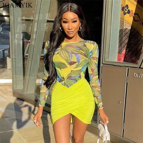 JGAMYIK Sexy Print Two Piece Set Women Bodysuit Bandage Yellow Skirt Sets Womens Summer Outfits For Women 2021 Matching Sets