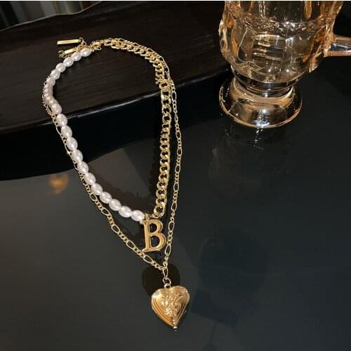 U-Magical Unique Design Letter B Love Heart Asymmetric Pendant Necklace for Women Imitation Pearl Metal Chain Necklace Jewelry