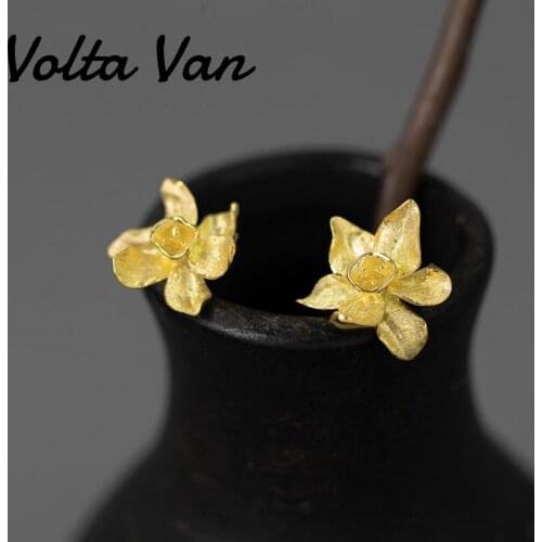 Volta Van 925 Sterling Silver Elegant Women Stud Earrings 2021 New Vintage Daffodil Flower Fine Jewelry Silver Earrings Gift