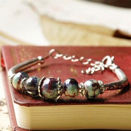 Silver Bronze Cuff Bangle Women Flower Ceramic Beads Porcelain Charm Bracelets Adjustable Wristbands Fashion Jewelry